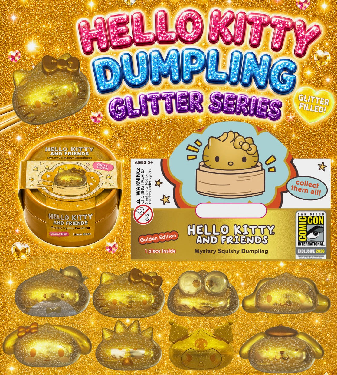 2026 SDCC Exclusive - Hello Kitty Gold Glitter Squishy Dumpling