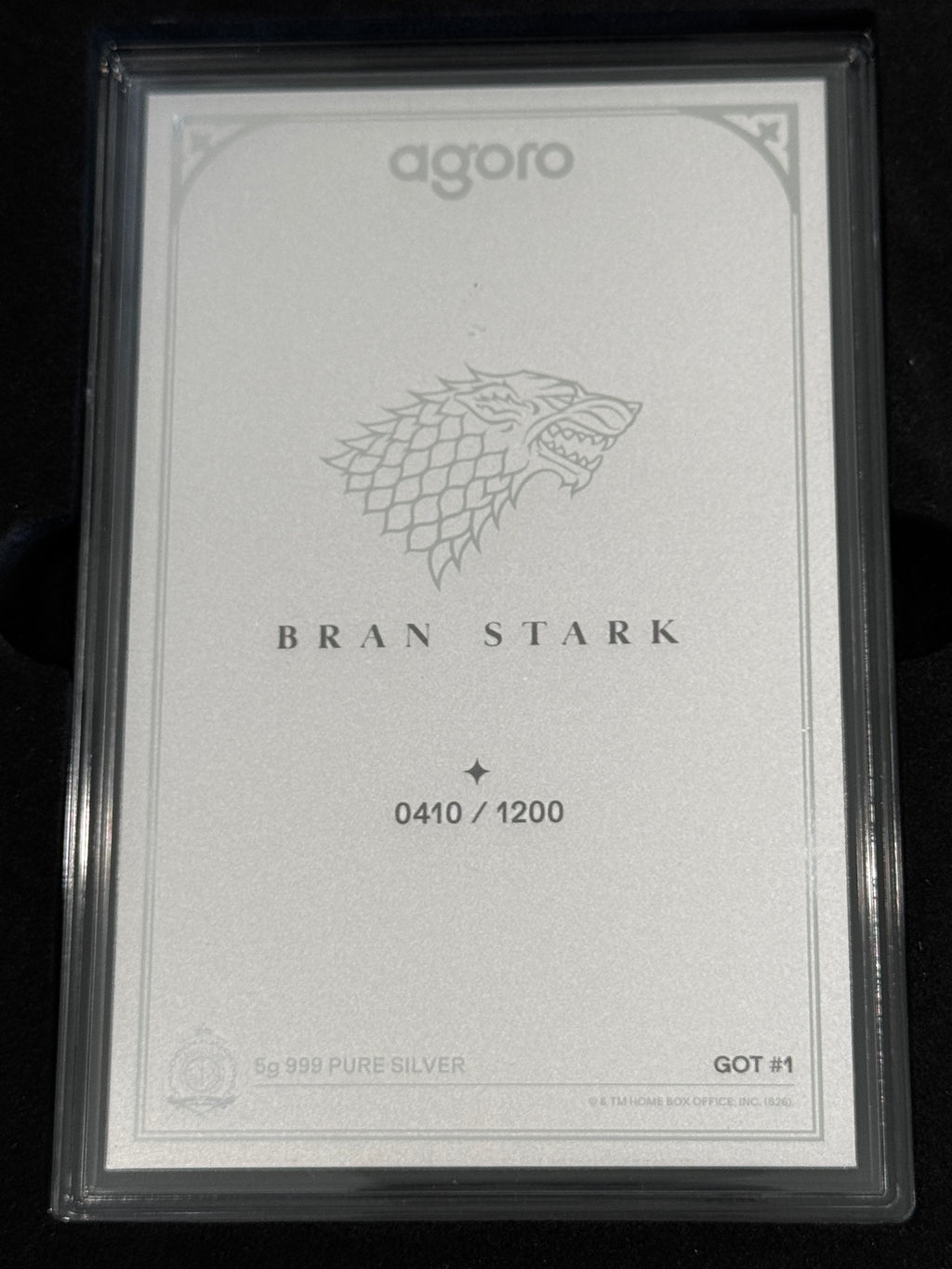 Agoro Game of Thrones Bran Stark Tier 1 5g .999 Silver 0410/1200 Box