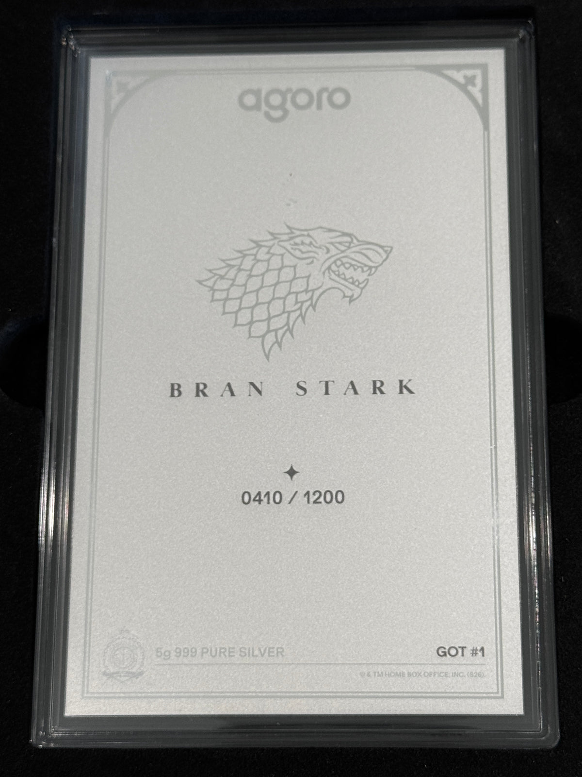 Agoro Game of Thrones Bran Stark Tier 1 5g .999 Silver 0410/1200 Box