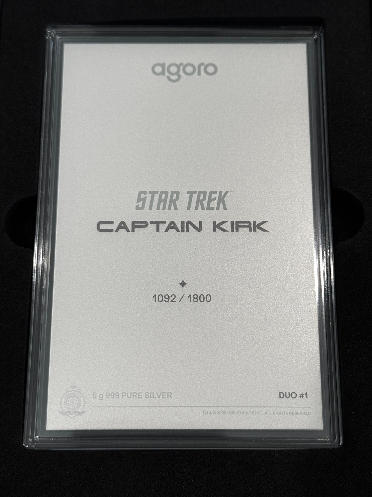 Agoro Star Trek Captain Kirk Tier 1 5g .999 Silver Foil 1092/1800 Box - original packaging or reverse