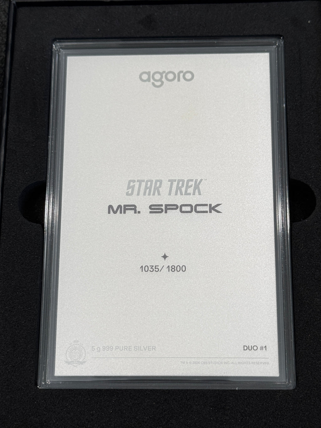 Agoro Star Trek Mr. Spock Tier 1 5g .999 Silver Foil 1035/1800 Box - original packaging or reverse