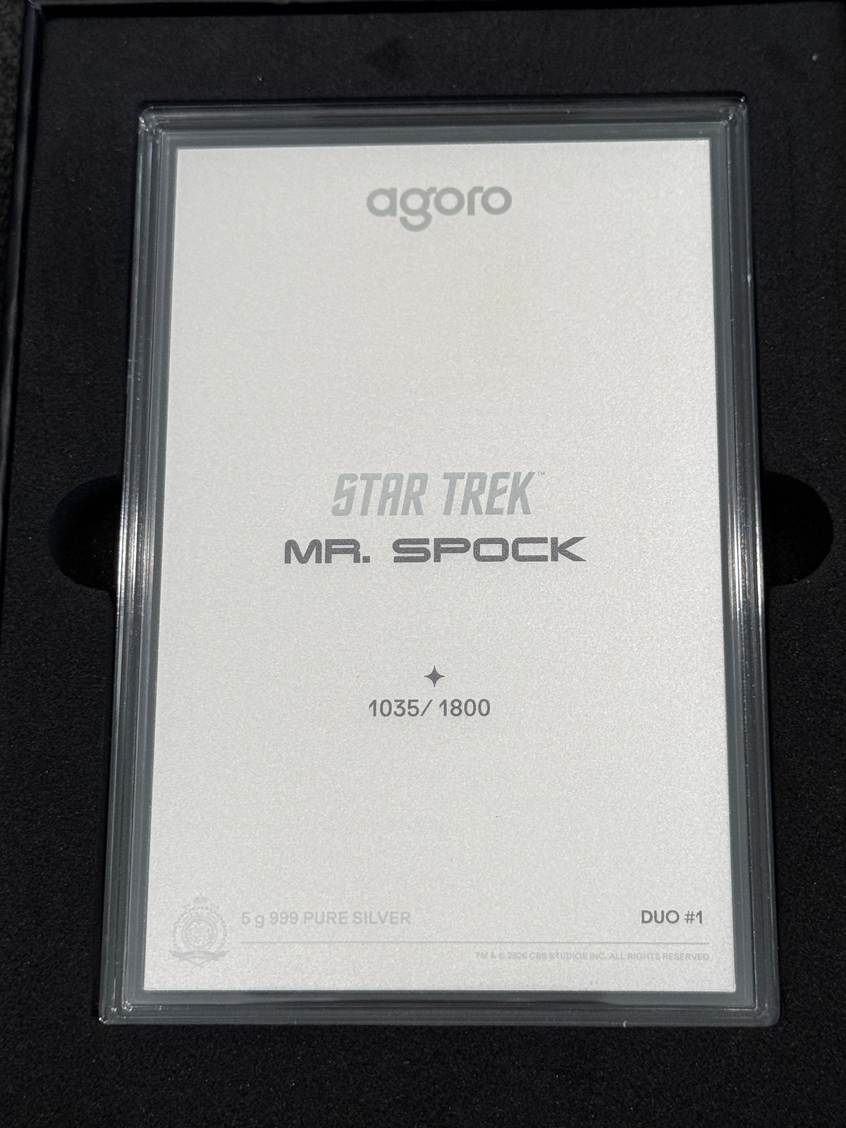 Agoro Star Trek Mr. Spock Tier 1 5g .999 Silver Foil 1035/1800 Box - original packaging or reverse