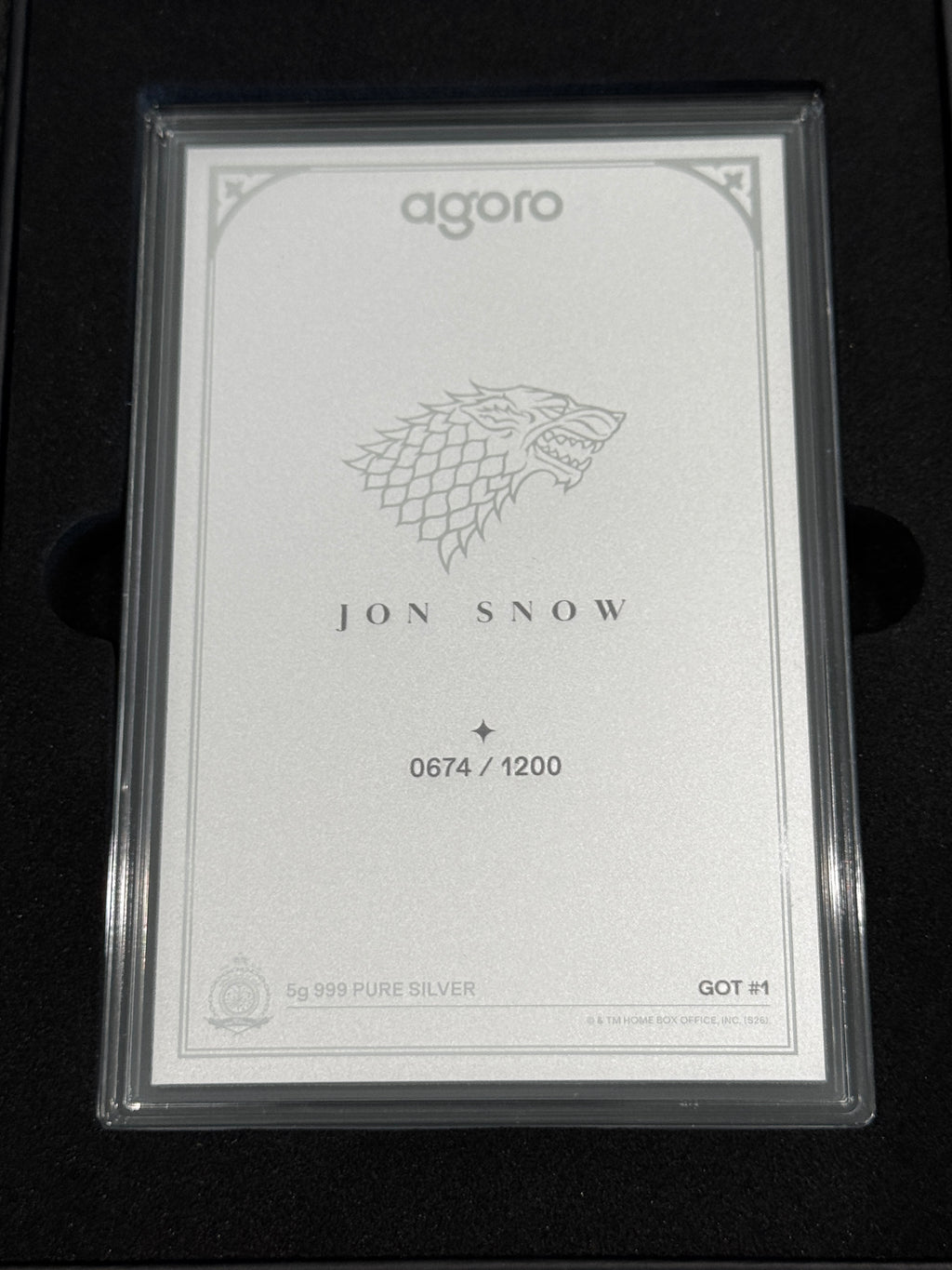 Agoro Game of Thrones Jon Snow Tier 1 5g .999 Silver Foil 0674/1200 Box - original packaging or reverse