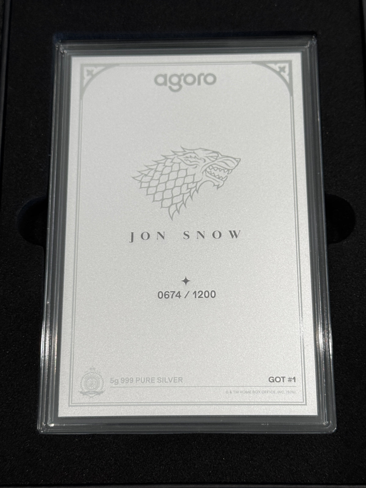 Agoro Game of Thrones Jon Snow Tier 1 5g .999 Silver Foil 0674/1200 Box - original packaging or reverse