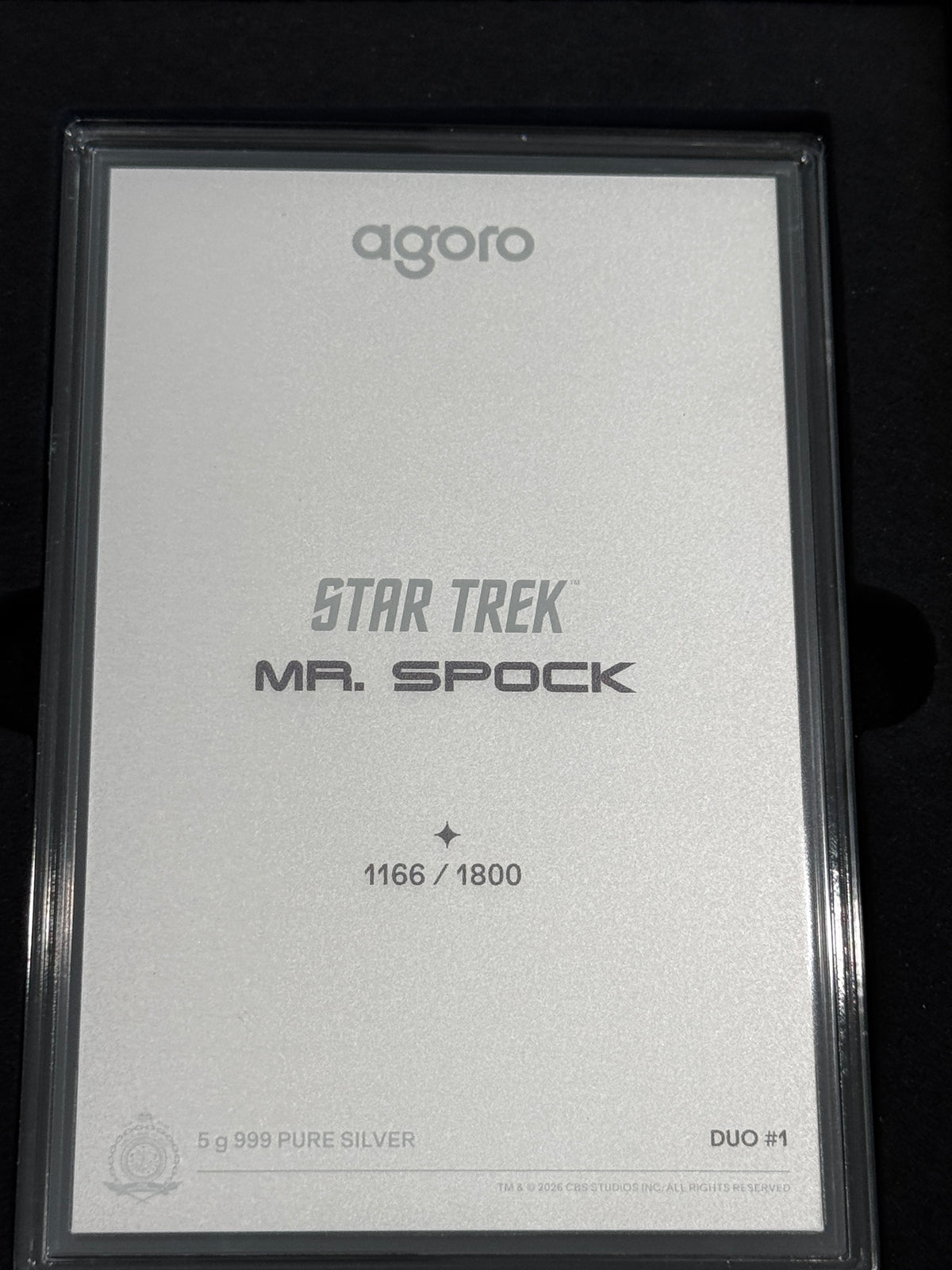 Agoro Star Trek Mr. Spock Tier 1 5g .999 Silver Foil 1166/1800 Box - original packaging or reverse